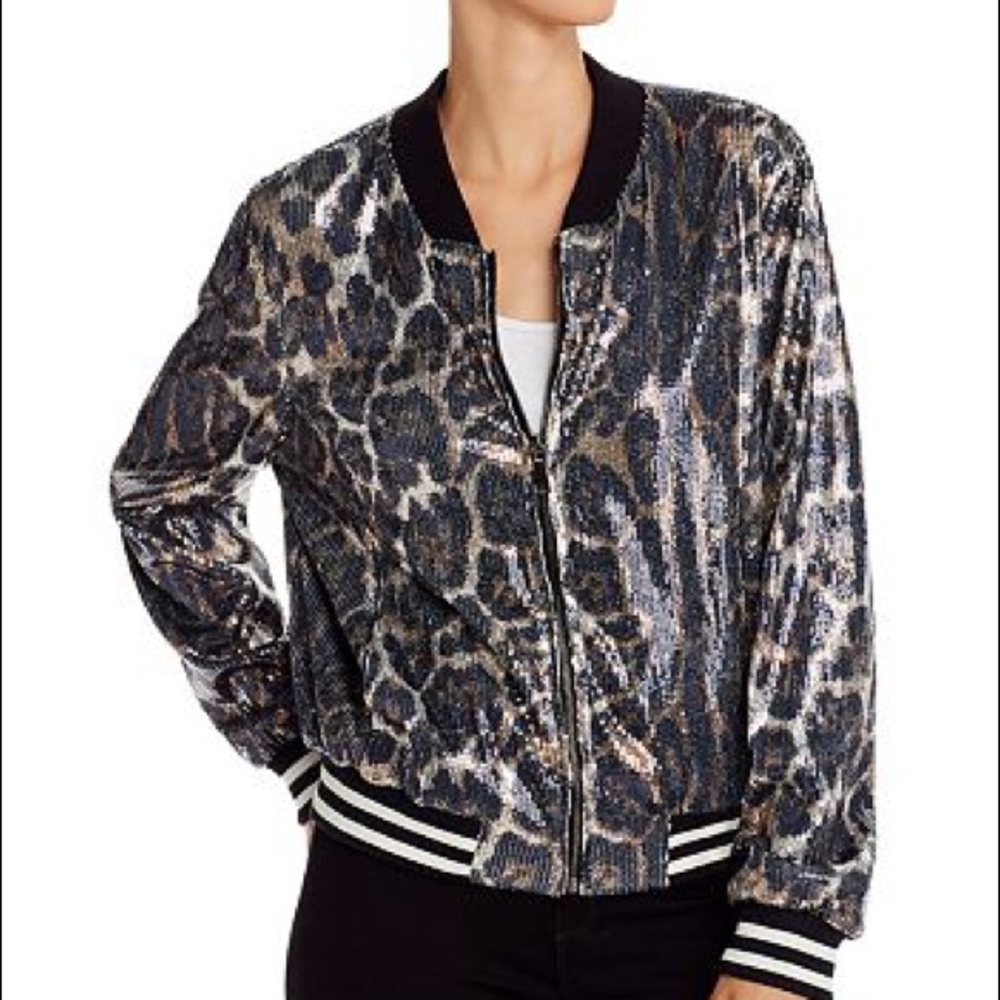 AQUA Sequined Leopard Print Bomber Jacket